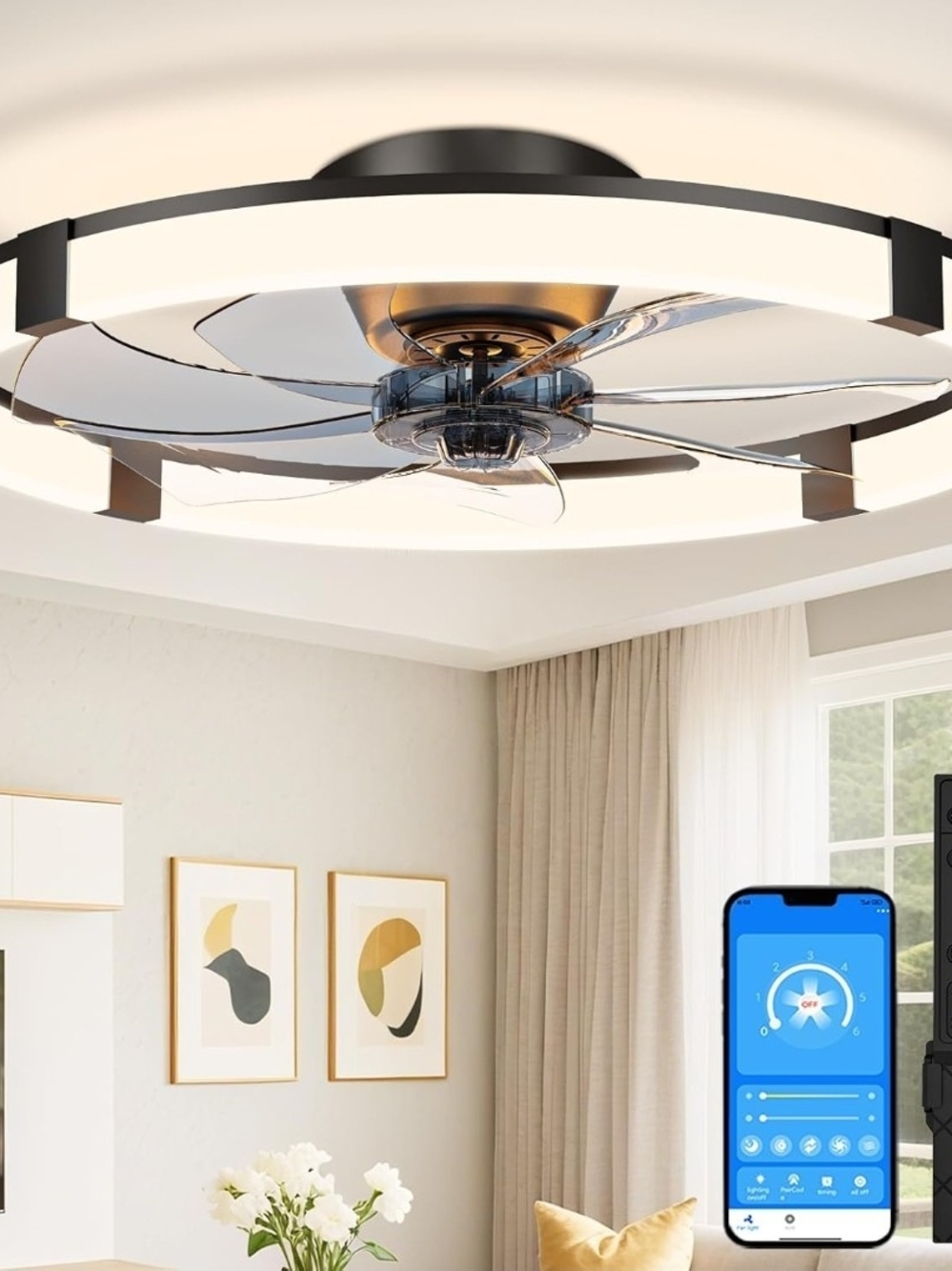 VOLISUN 23.6" Low Profile Ceiling Fan Light Remote Dimmable Black